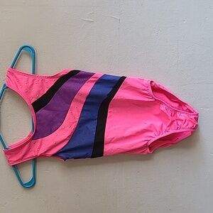 Youth girls 10/12 pink one piece dance suit bright pink purple blue rhinestones